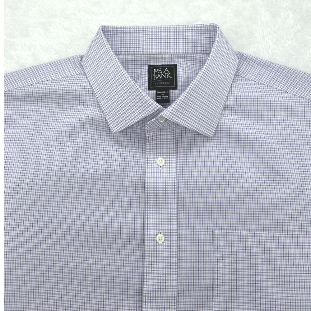 Jos. A. Bank Mens Dress Shirt 18 Purple Micro Check Traveler Short Sleeve